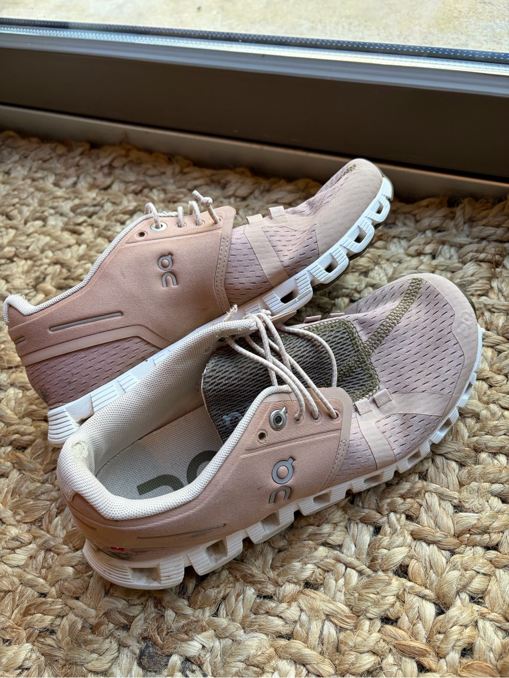 On Running Women's Sneakers in Blush Pink and Olive Accent